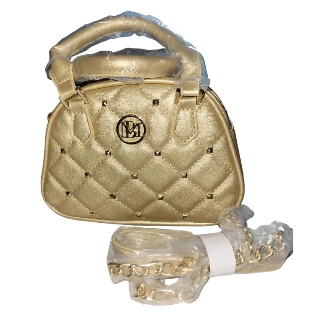 Badgley Mischka Studio Gold Quilted Mini Satchel Crossbody Bag Studded Metallic‎